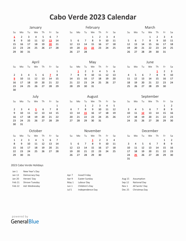 2023 Yearly Calendar Printable With Cabo Verde Holidays