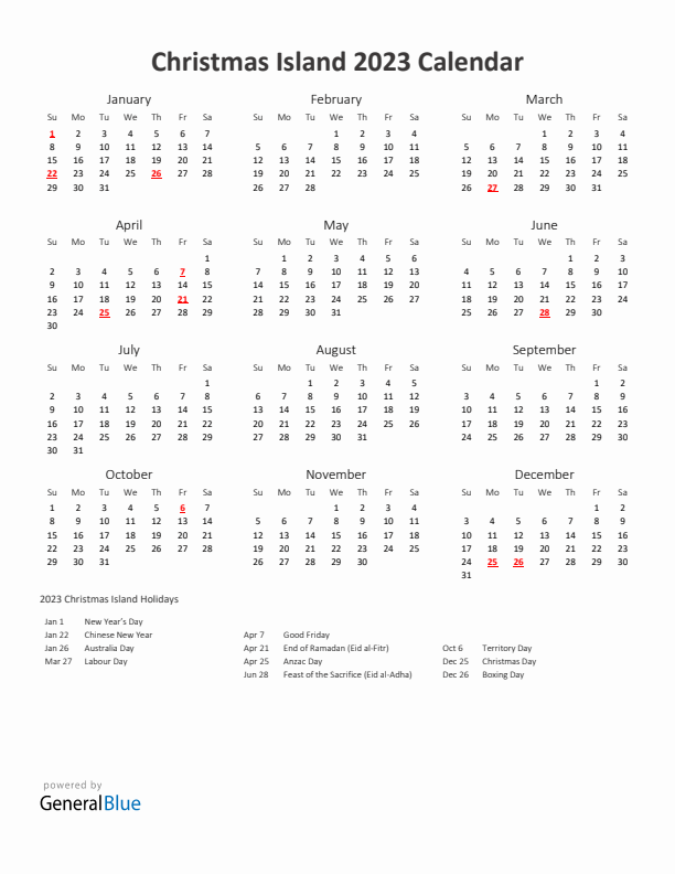 2023 Yearly Calendar Printable With Christmas Island Holidays
