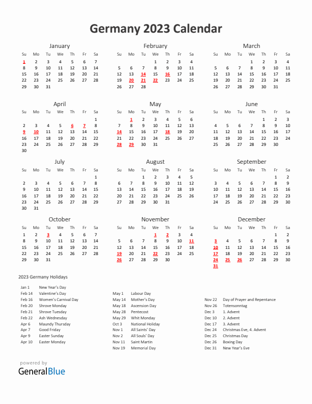 2023 Yearly Calendar Printable With Germany Holidays
