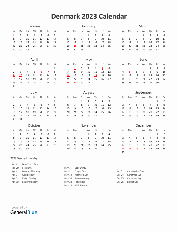 2023 Yearly Calendar Printable With Denmark Holidays