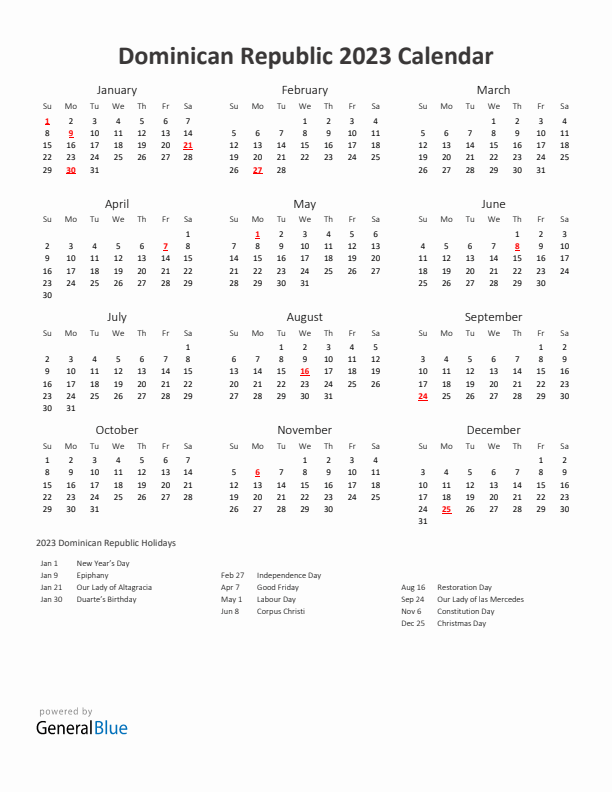 2023 Yearly Calendar Printable With Dominican Republic Holidays
