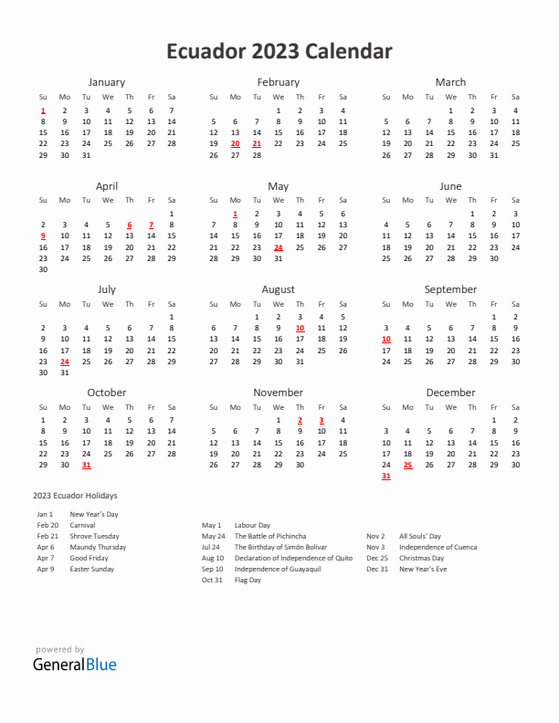 2023 Yearly Calendar Printable With Ecuador Holidays