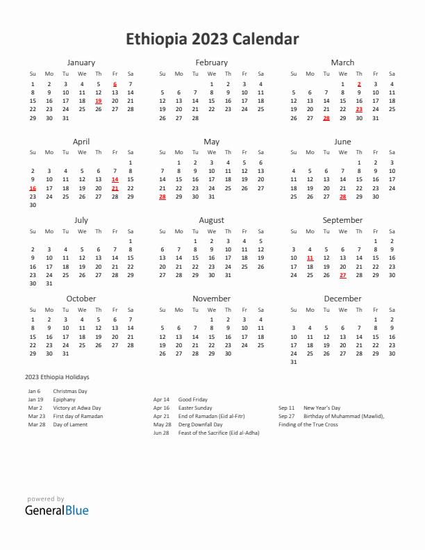 2023 Yearly Calendar Printable With Ethiopia Holidays
