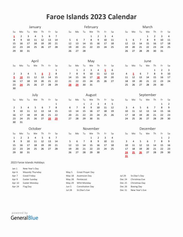 2023 Yearly Calendar Printable With Faroe Islands Holidays