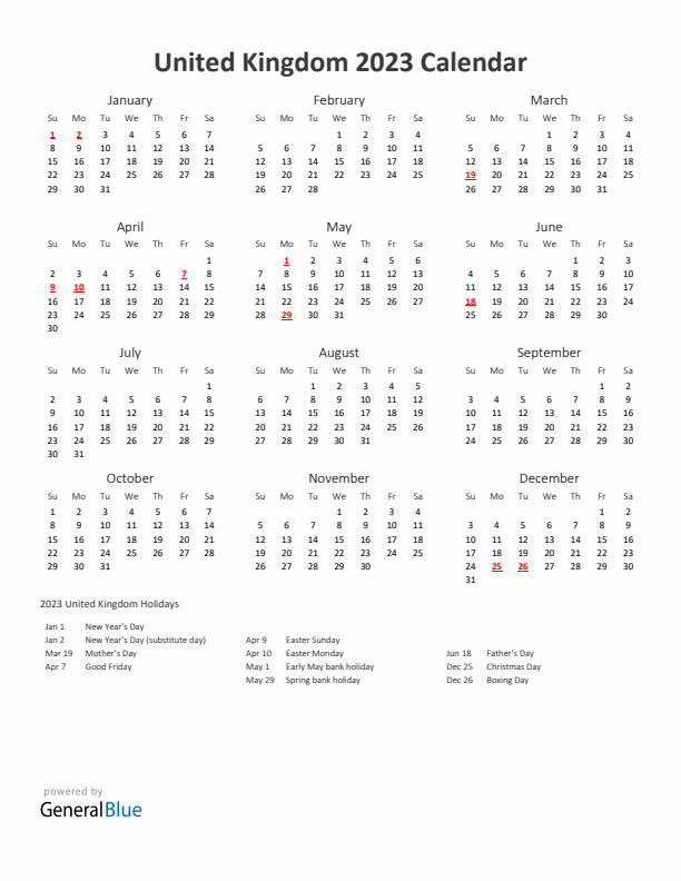 2023 Yearly Calendar Printable With United Kingdom Holidays