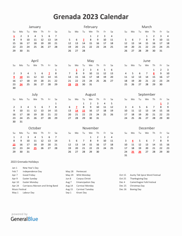 2023 Yearly Calendar Printable With Grenada Holidays