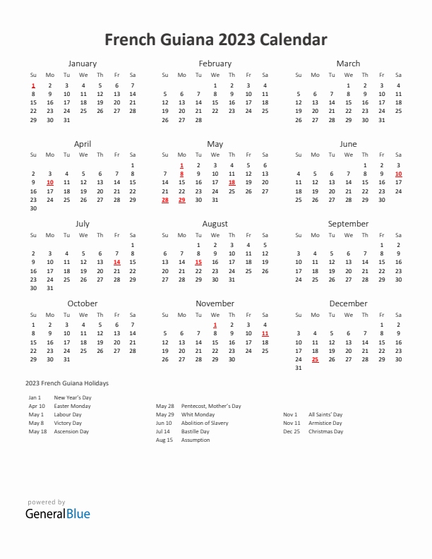 2023 Yearly Calendar Printable With French Guiana Holidays