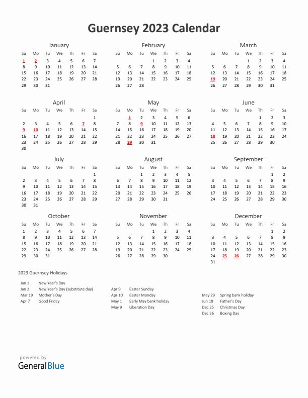 2023 Yearly Calendar Printable With Guernsey Holidays
