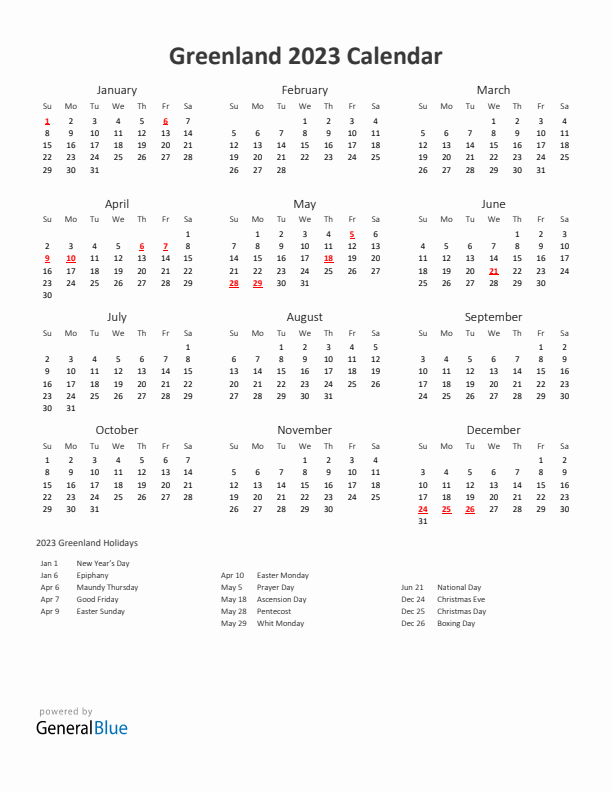 2023 Yearly Calendar Printable With Greenland Holidays