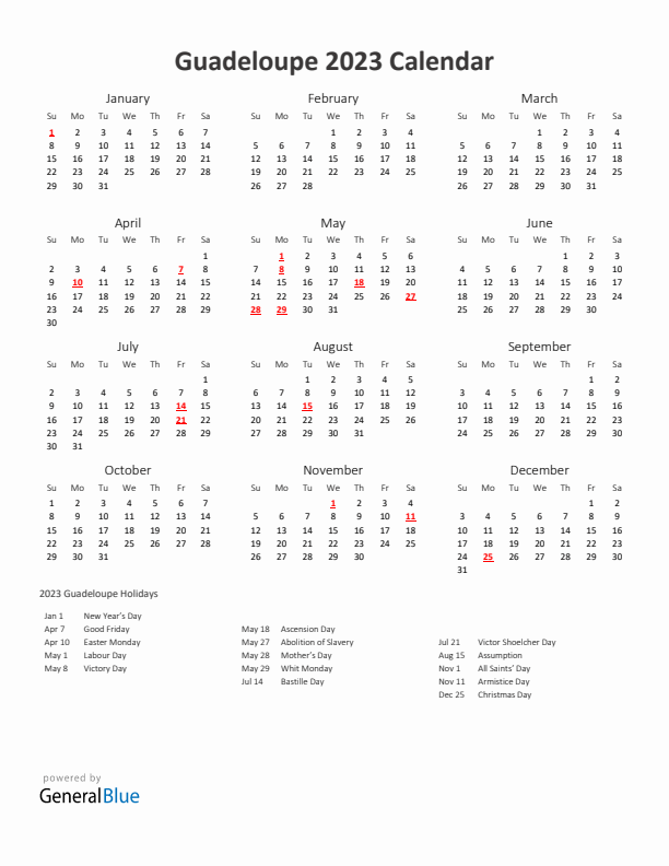 2023 Yearly Calendar Printable With Guadeloupe Holidays