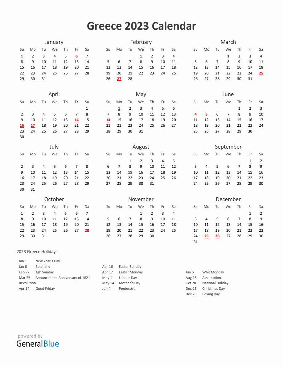 2023 Yearly Calendar Printable With Greece Holidays