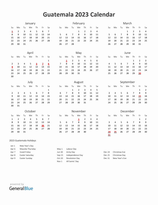 2023 Yearly Calendar Printable With Guatemala Holidays