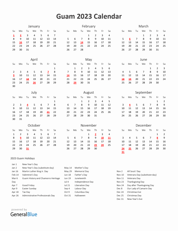 2023 Yearly Calendar Printable With Guam Holidays