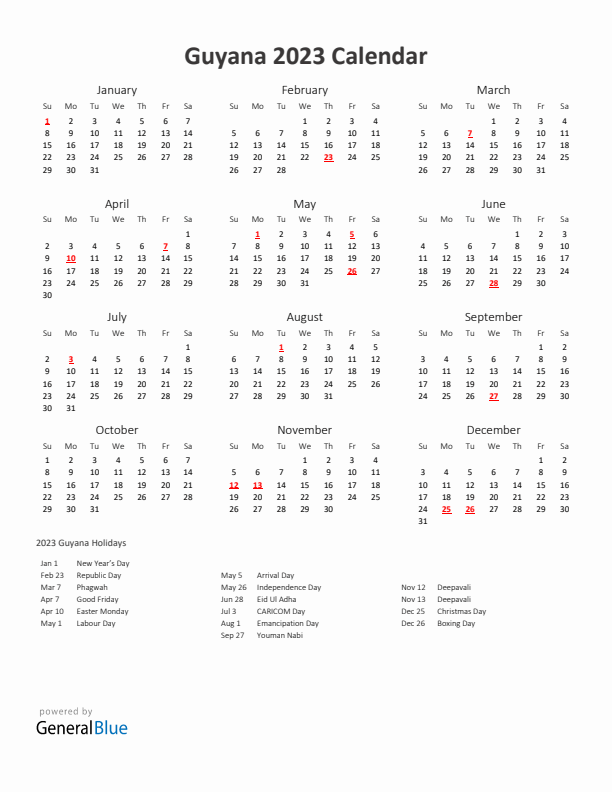 2023 Yearly Calendar Printable With Guyana Holidays