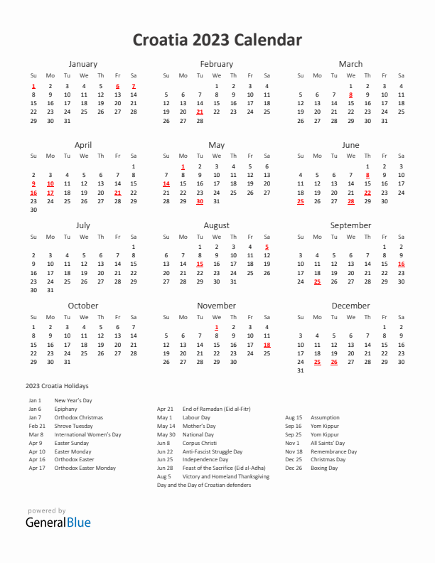 2023 Yearly Calendar Printable With Croatia Holidays