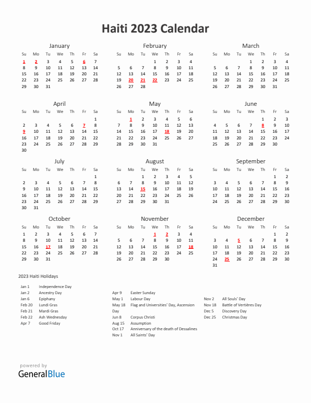 2023 Yearly Calendar Printable With Haiti Holidays