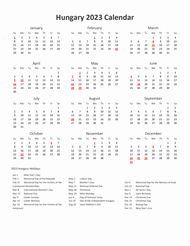 2023 Yearly Calendar Printable With Hungary Holidays