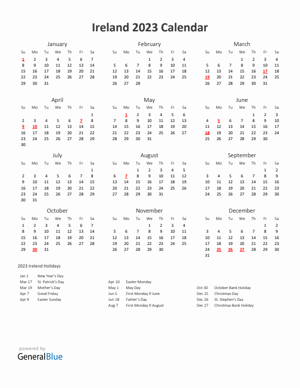 2023 Yearly Calendar Printable With Ireland Holidays