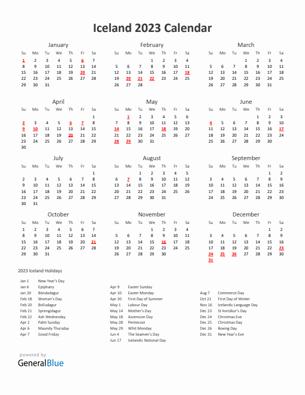 2023 Yearly Calendar Printable With Iceland Holidays