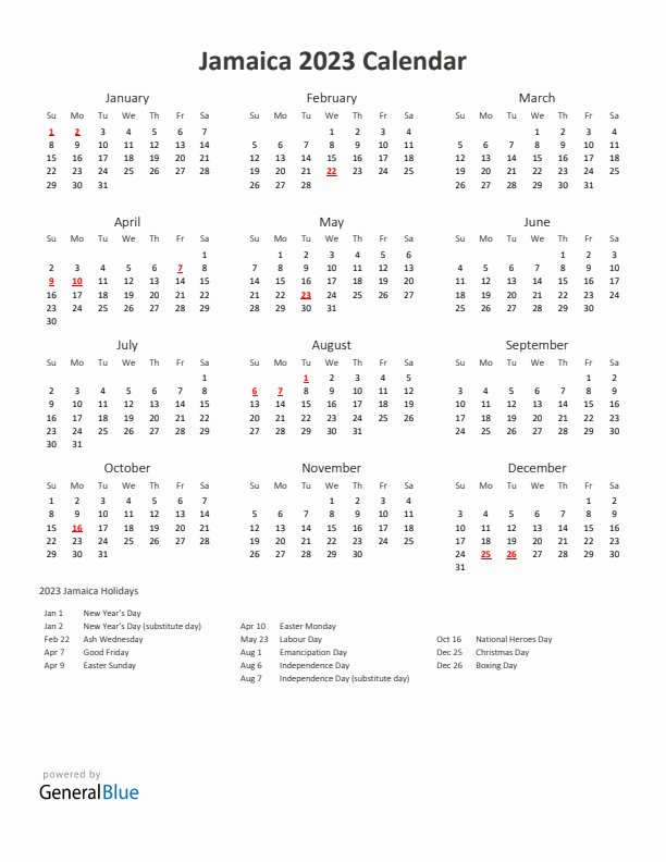 2023 Yearly Calendar Printable With Jamaica Holidays