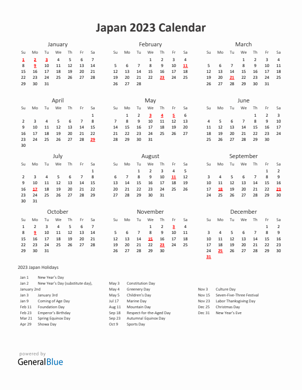 2023 Yearly Calendar Printable With Japan Holidays