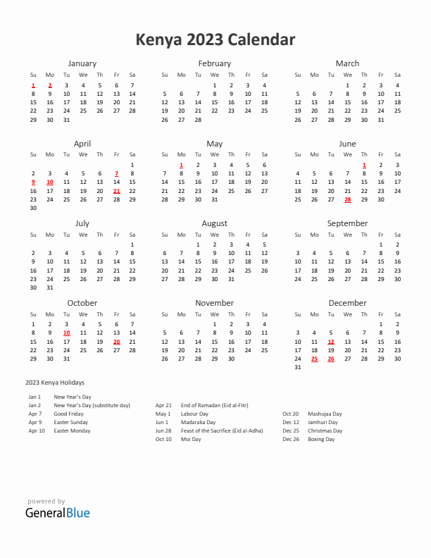 2023 Yearly Calendar Printable With Kenya Holidays