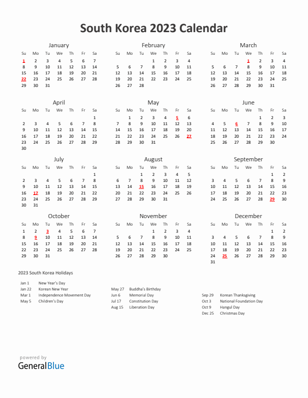 2023 Yearly Calendar Printable With South Korea Holidays