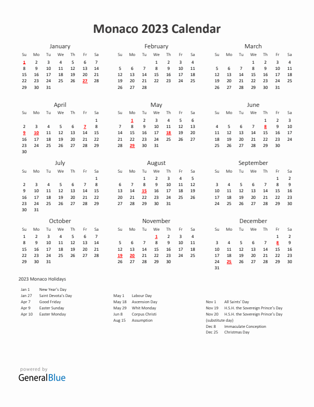 2023 Yearly Calendar Printable With Monaco Holidays