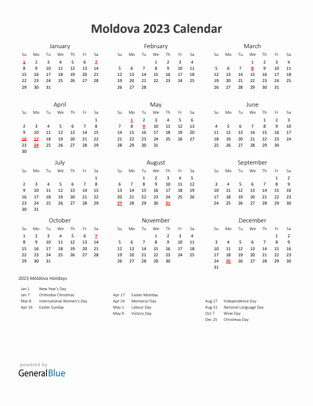 2023 Yearly Calendar Printable With Moldova Holidays