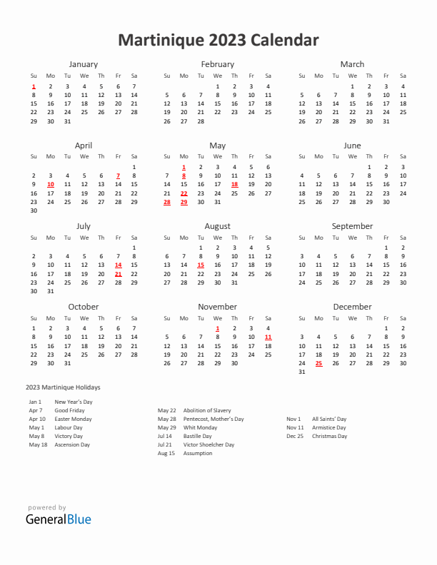2023 Yearly Calendar Printable With Martinique Holidays