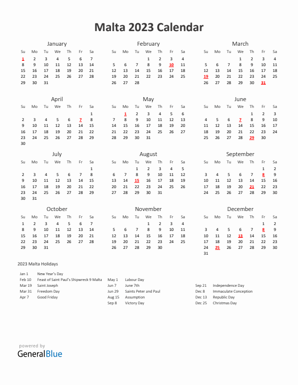 2023 Yearly Calendar Printable With Malta Holidays