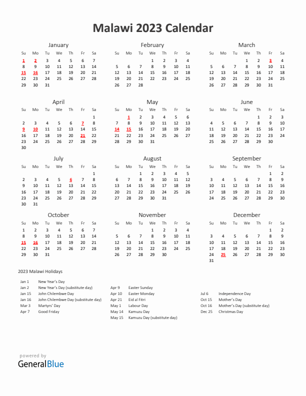 2023 Yearly Calendar Printable With Malawi Holidays