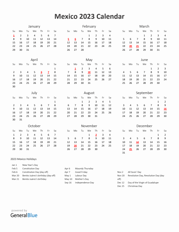 2023 Yearly Calendar Printable With Mexico Holidays