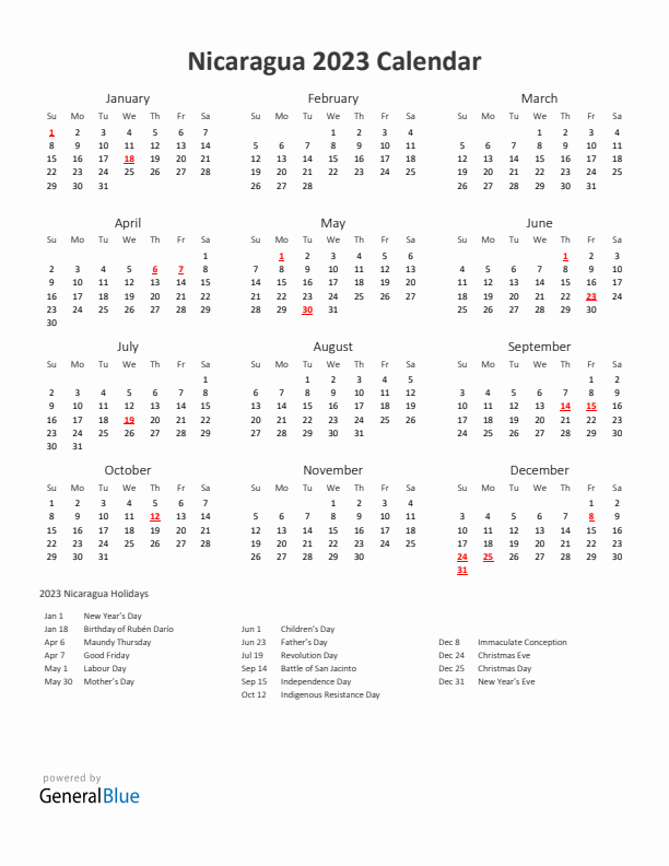 2023 Yearly Calendar Printable With Nicaragua Holidays