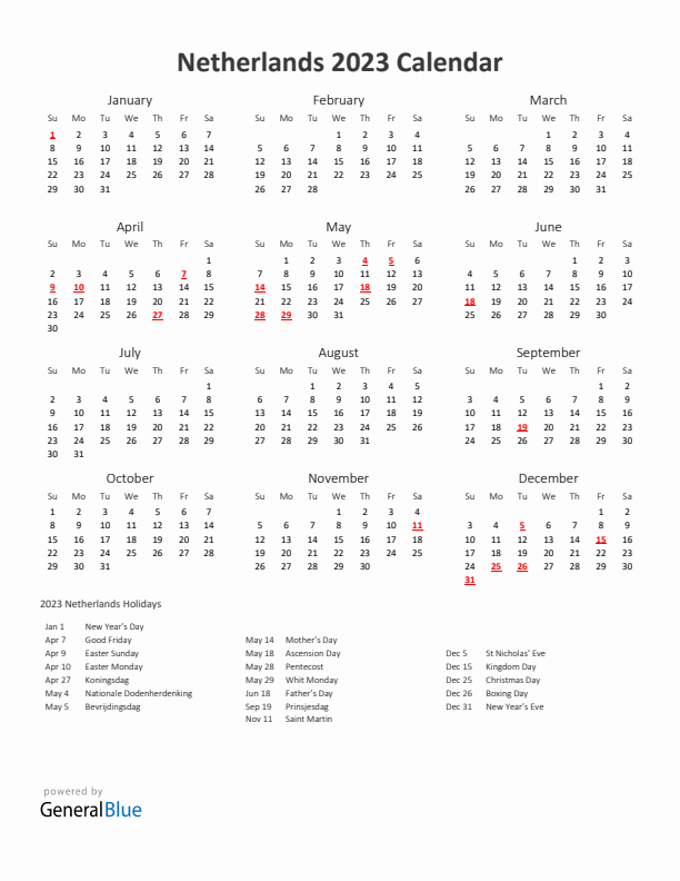 2023 Yearly Calendar Printable With The Netherlands Holidays