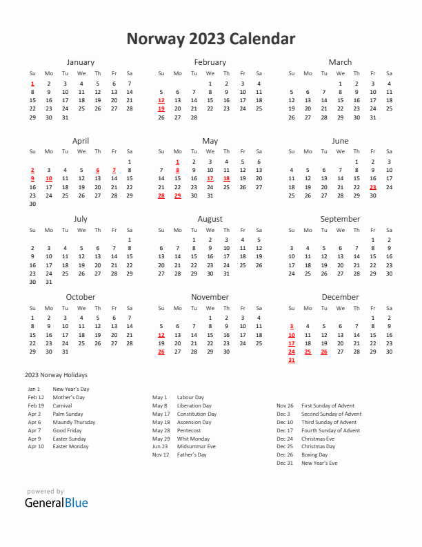 2023 Yearly Calendar Printable With Norway Holidays