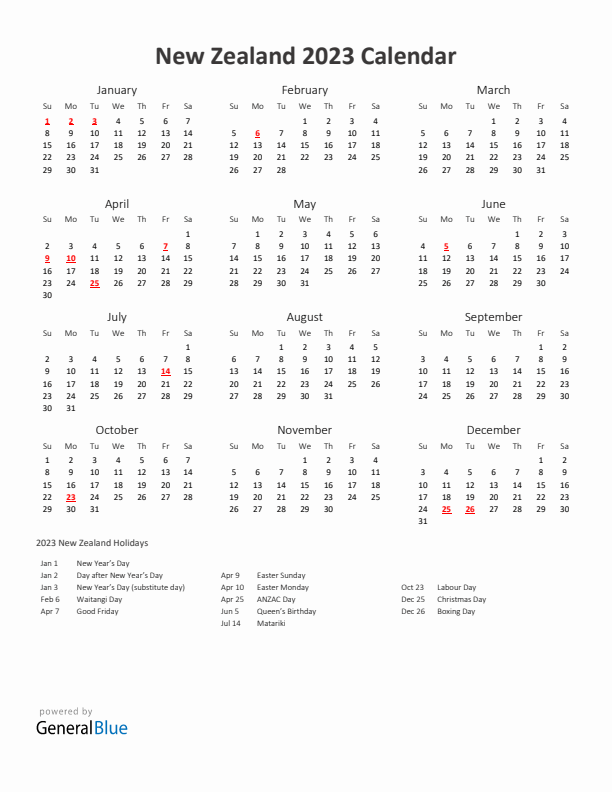 2023 Yearly Calendar Printable With New Zealand Holidays