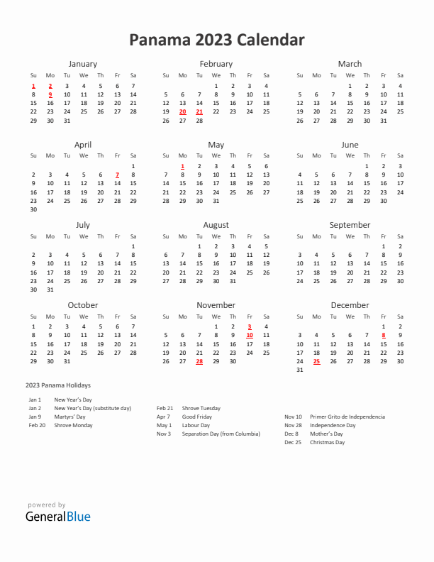 2023 Yearly Calendar Printable With Panama Holidays