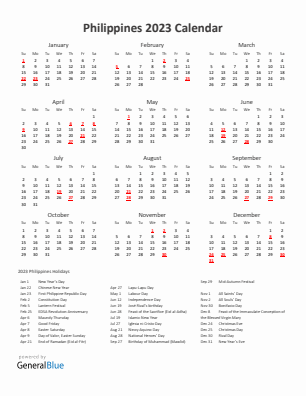 Philippines Calendars with Holidays