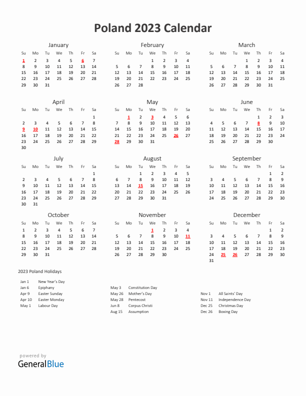 2023 Yearly Calendar Printable With Poland Holidays