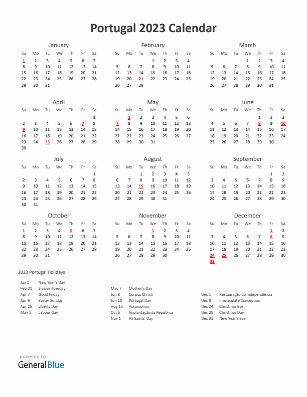 2023 Yearly Calendar Printable With Portugal Holidays