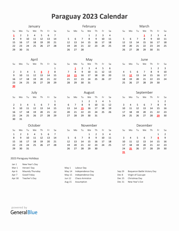 2023 Yearly Calendar Printable With Paraguay Holidays