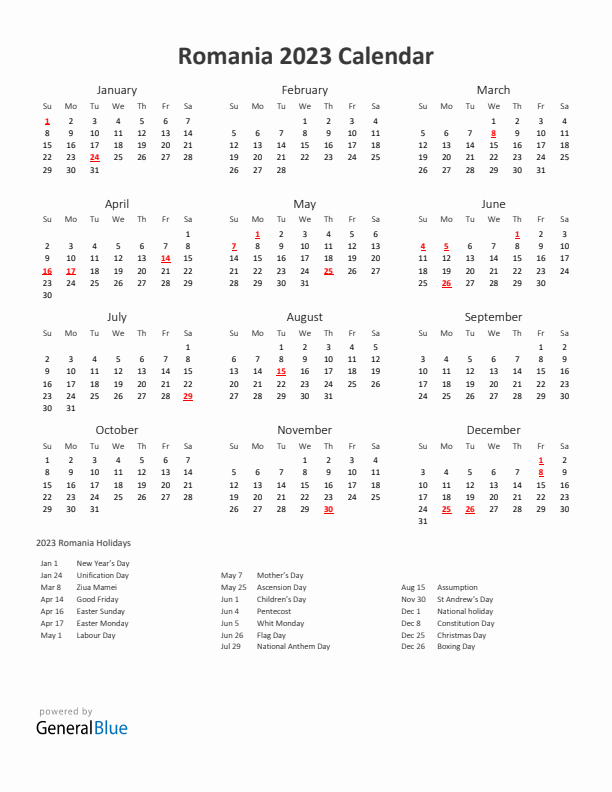 2023 Yearly Calendar Printable With Romania Holidays