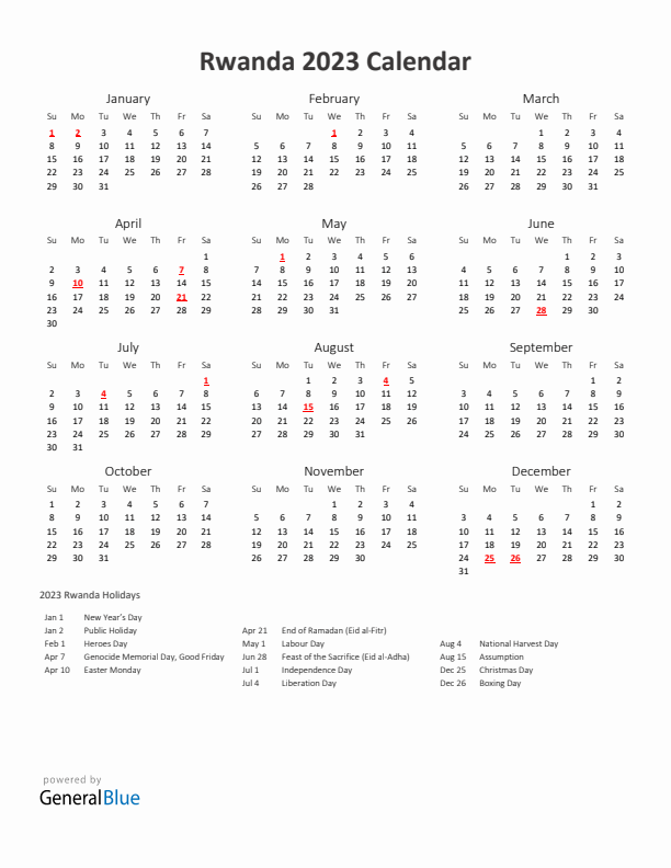 2023 Yearly Calendar Printable With Rwanda Holidays