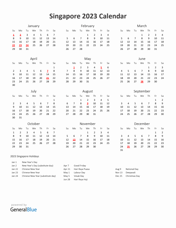 2023 Yearly Calendar Printable With Singapore Holidays