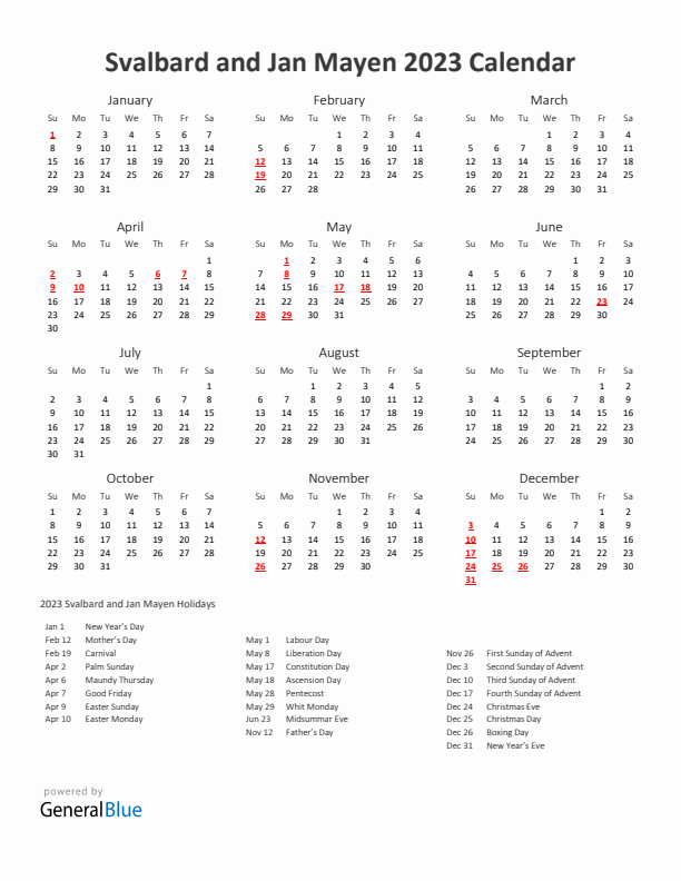 2023 Yearly Calendar Printable With Svalbard and Jan Mayen Holidays