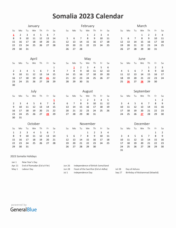 2023 Yearly Calendar Printable With Somalia Holidays