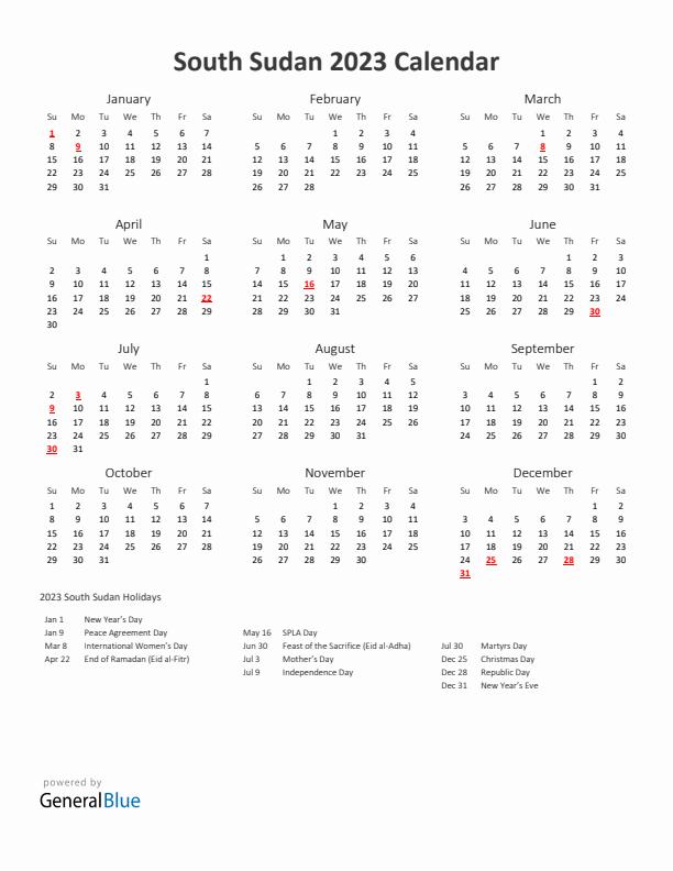 2023 Yearly Calendar Printable With South Sudan Holidays