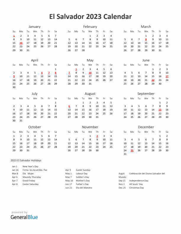 2023 Yearly Calendar Printable With El Salvador Holidays