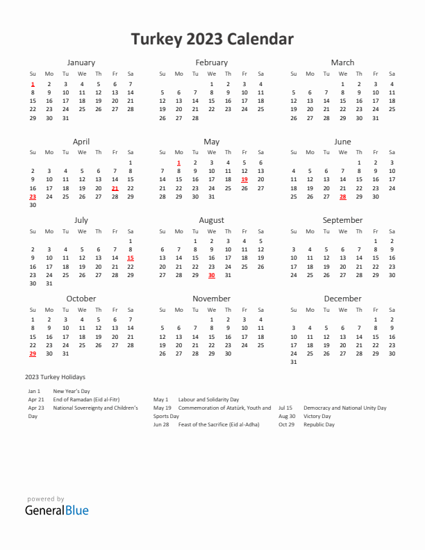2023 Yearly Calendar Printable With Turkey Holidays